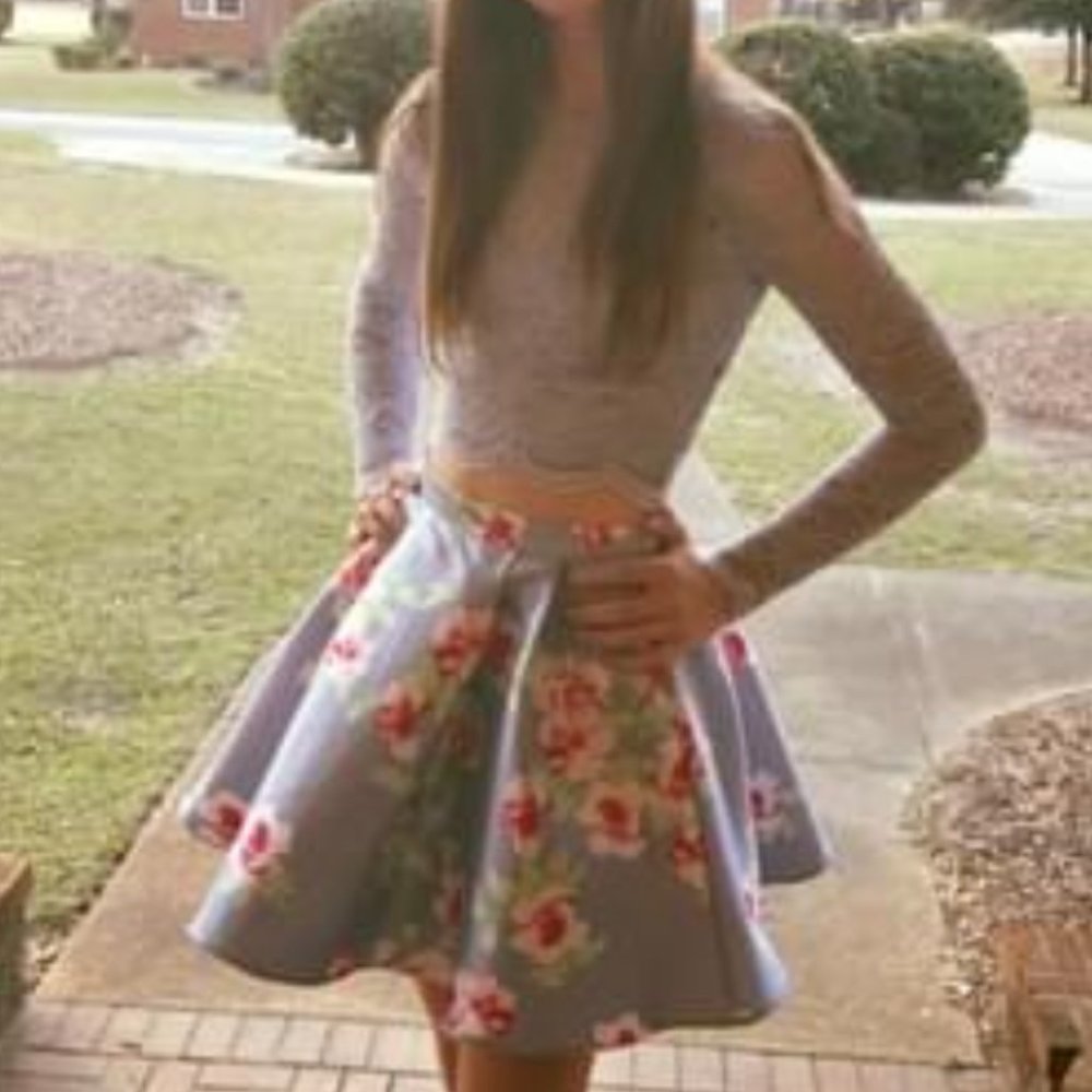 B Darlin Junior Blue Lace Long Sleeve Floral Homecoming Dance 2 Piece Dress 3/4